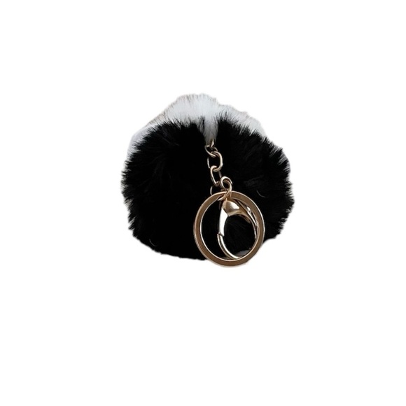 Black & White Character Fluffy Pom Pom Keychain Accessory with Purple Heart Eyes - Picture 5 of 12